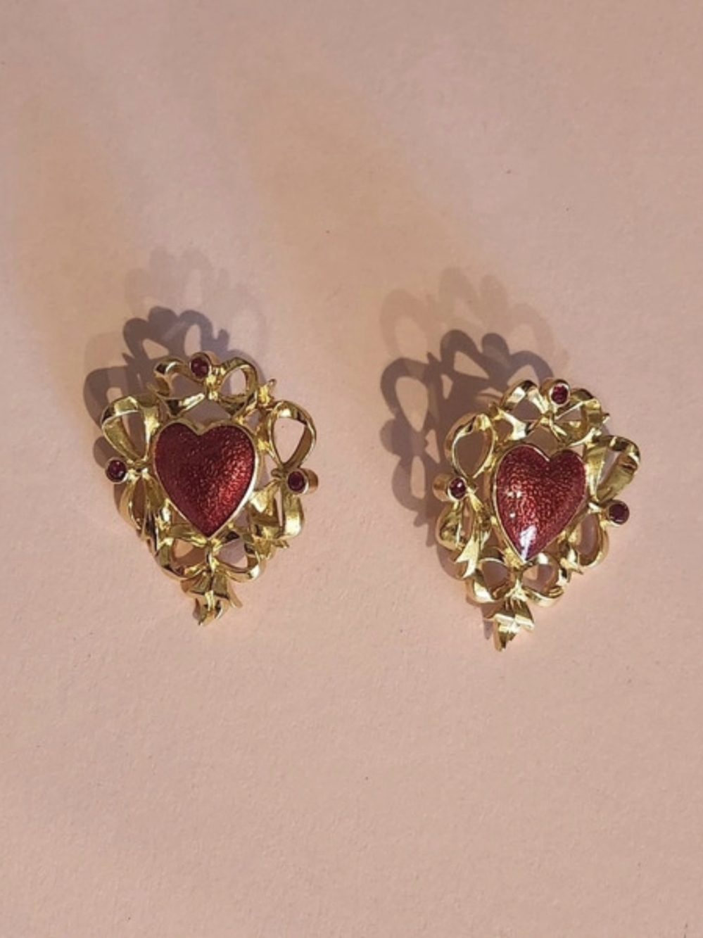 Avon Vintage Red Enamel Hearts & Bows Gold-Tone Crystals Pierced Earrings